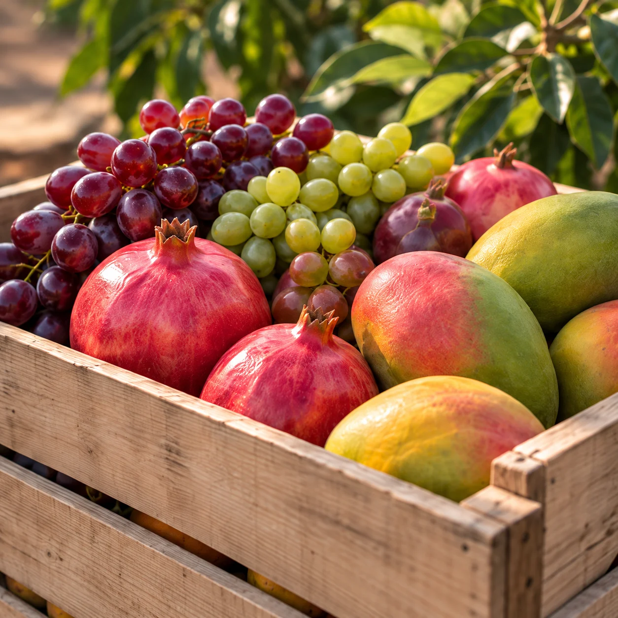 Grapes, mangoes and pomegranates in a harvest crate — illustrative image